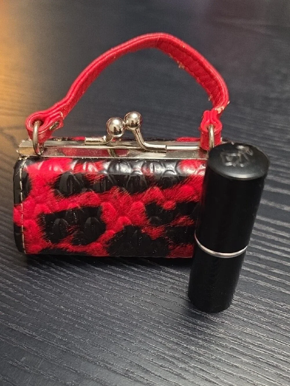 Red and Black Leopard Mini Lipstick Bag, Used
